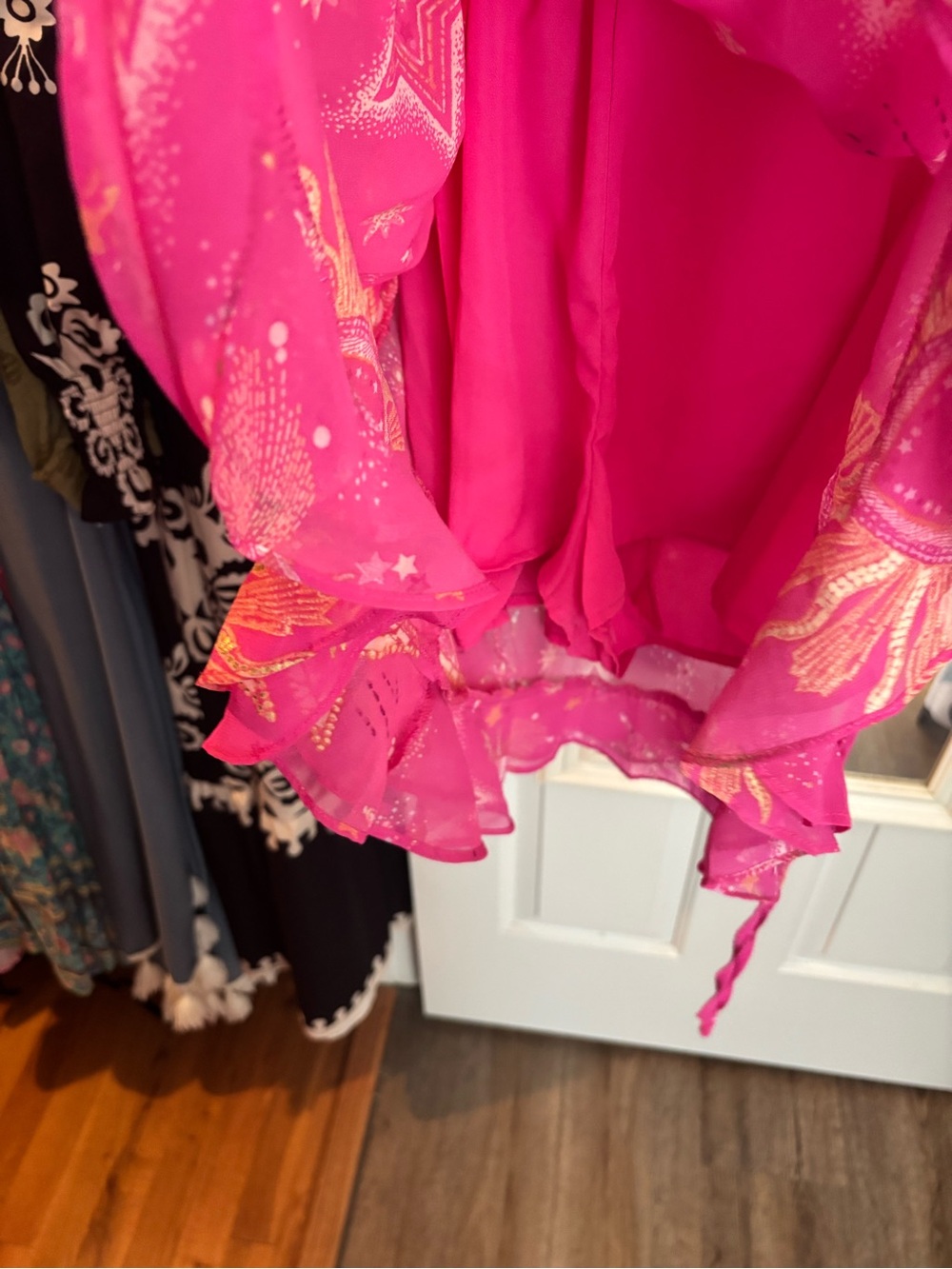 Buddy Love Hot Pink Wrap Dress/romper with Gold Star & Sun Print - Picture 4 of 5